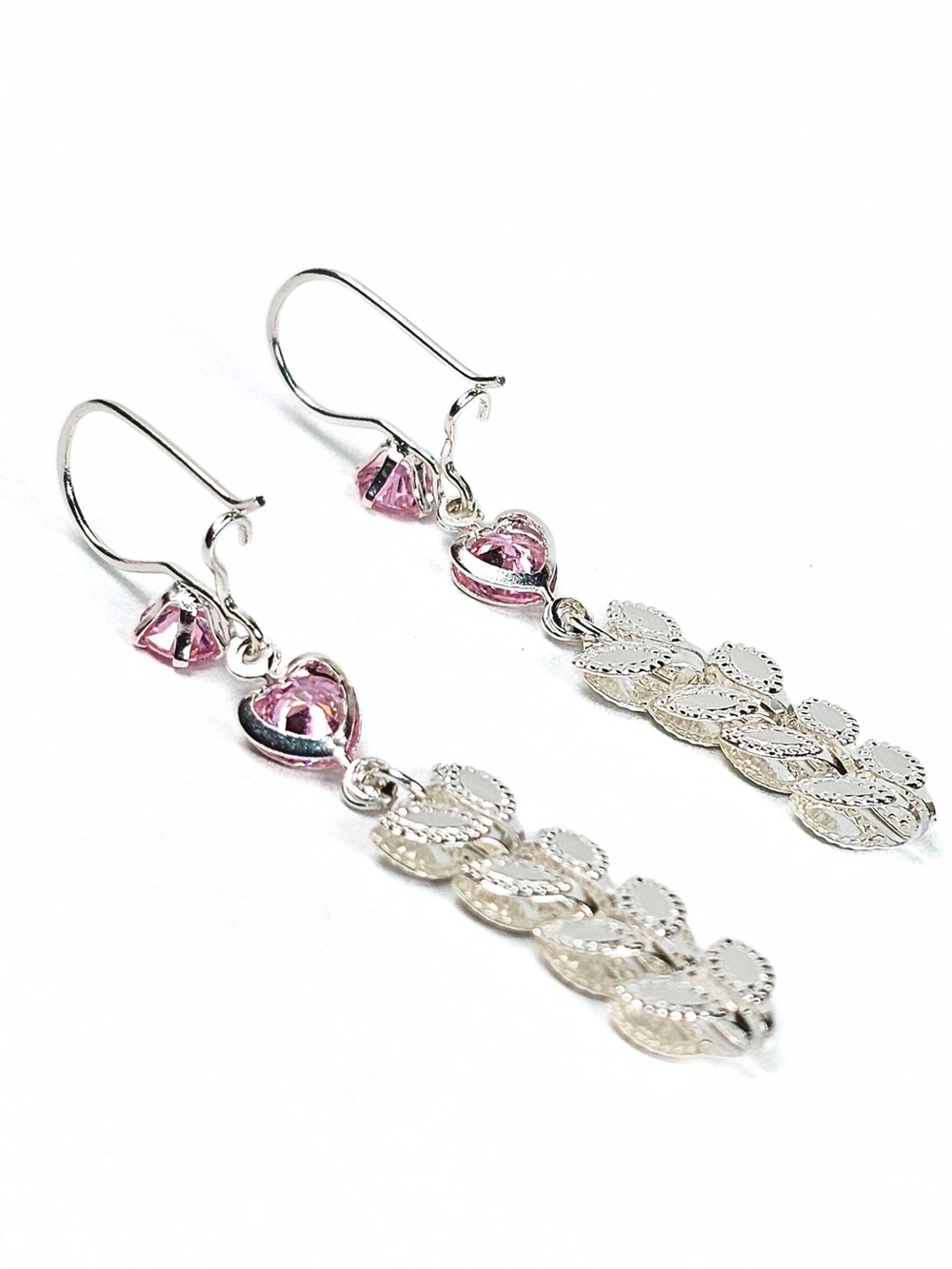 925 Sterling Silver Pink Crystal Heart Floral Dangle Earrings 46mm - Picture 5 of 8